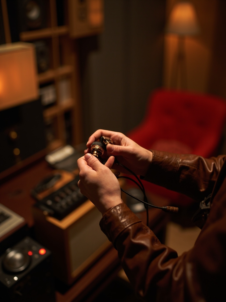 Hands holding a Hifikind in-ear monitor, with warm studio light in the background.